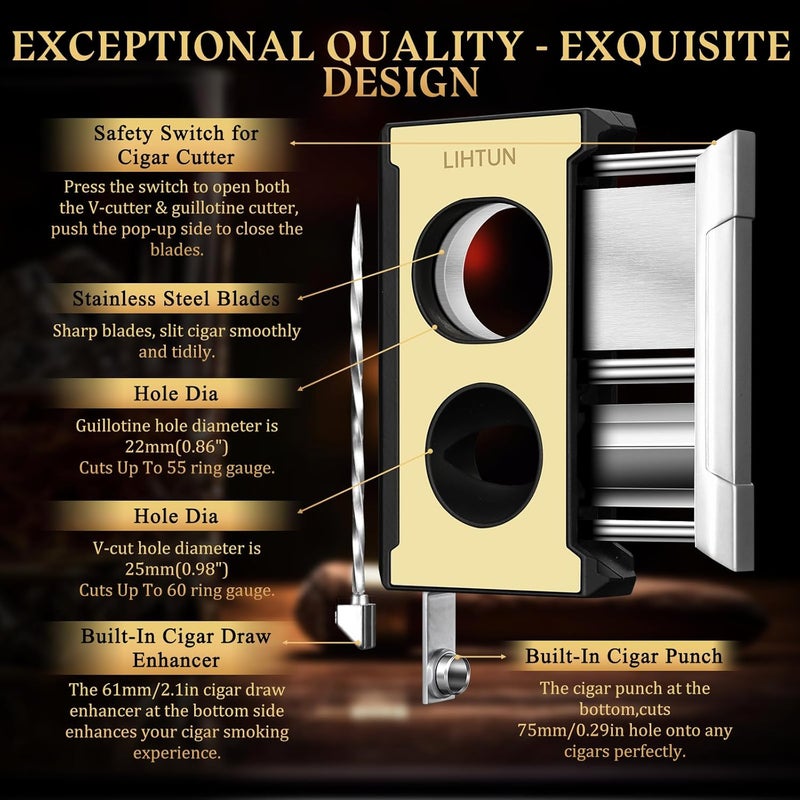 LIHTUN Cigar Cutter Guillotine 4 in 1 One Touch Straight Cut V Cutter with Cigar Punch Cigar Draw Enhancer, Gift for Men, Stainless Steel Double Blade Cigar Clippers, Cuts Up to 60 Ring Gauge Cigars - Image 2